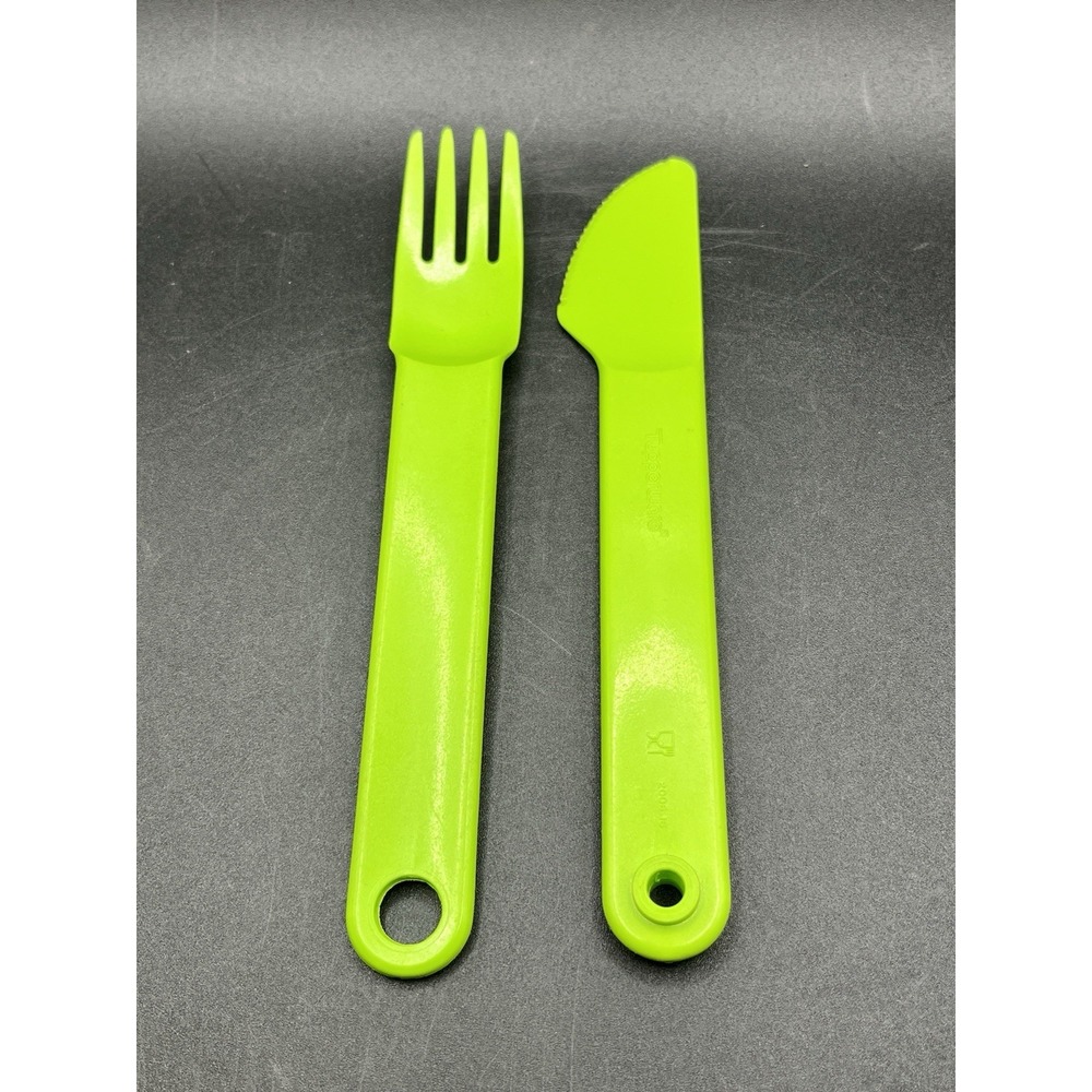 Tupperware Baby Child Kid Fork Knife Travel Feeding Utensils Set Verde Green Vtg